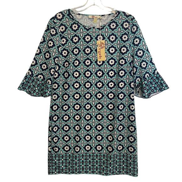 Aryeh NEW Geo Floral Border Dress Women's Large Teal Navy Bell Sleeves Flowy NWT - Picture 1 of 9